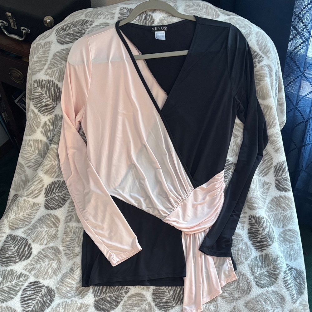 VENUS Elegant Black and Pink Wrap Blouse